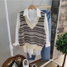 상상그이상 여성용 부드러운 패턴 배색 브이넥 니트 조끼 베스트 가을신상 간절기템