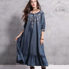 도오빠 오버핏 여성 원피스 롱원피스 청 데님 자수 빅사이즈원피스 루즈핏 박시 에스닉 보헤미안 여자원피스 드레스 맥시 블라우스 20대 30대 패션 데일리 캐주얼 유럽풍