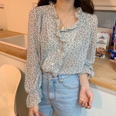 코코블랑 벨레나 나염 프릴 블라우스 리뷰후기