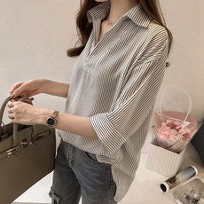 솔레일 카멜리아 스트라이프 5부 소매 블라우스 셔츠