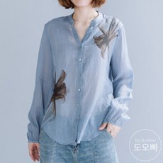 도오빠 여성 루즈핏 셔츠 블라우스 프린팅 편안한 여자남방 긴소매 봄 가을 빅사이즈 라운드넥