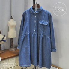 도오빠 데님 셔츠 짧은원피스 청남방 청블라우스 청셔츠 귀여운 봄 가을 짧은드레스 오버핏 체형커버 라운드넥 긴소매 20대 30대