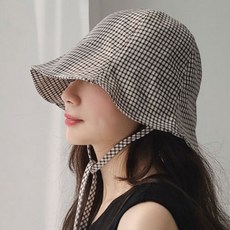 이코마켓 국산 사계절 데일리 보넷모자 체크 턱끈모자 여성 벙거지 코튼 벙거지모자 캠핑 여행 챙넓은 버킷햇