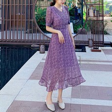 잇츠스타일 퍼플 쉬폰 여성스러운 브이넥 프릴 롱 원피스 리뷰후기