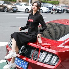 이우미 여성 가을 빅사이즈 후드 티셔츠 원피스 긴소매 캐주얼 슬림핏 롱원피스W171
