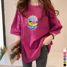 스타일아유 여성용 소녀와 달 오버핏 반팔티 롱 빅사이즈 박시 반팔 티셔츠
