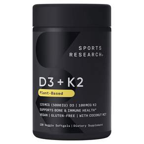 SPORTS RESEARCH D3 125mcg+K2 100mcg素食軟膠囊, 1個, 120顆