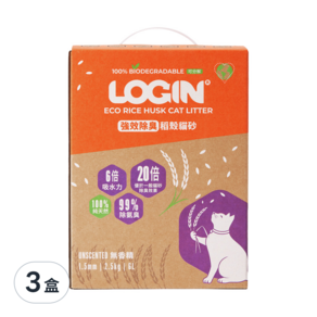 LOGIN 洛格 強效除臭稻殼貓砂 1.5mm 2入, 5kg, 3盒