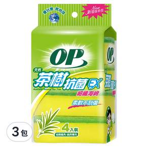 OP 天然茶樹抗菌海綿菜瓜布, 4個, 3包