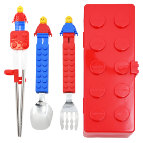 OXFORD Block 造型餐具組, 紅色, 紅色學習筷+藍色湯匙+紅色叉子+紅色餐具盒, 1組