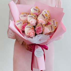 BeautifulDecoSense 香皂鈔票花朵 10入+購物袋組, 粉紅色混合