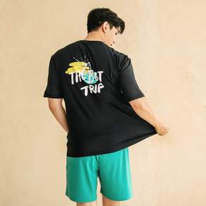 TUBE TREE 男款印花寬鬆防曬短袖T恤+短褲套組 AE6218N, 黑色(上衣)+綠色(褲子)