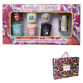 YANKee CANDLe 許願 6 件組銀色木托 1 件禮品組 + 購物袋, 黑櫻桃、潔淨棉、檸檬薰衣草、仲夏夜、粉紅沙、巴哈馬布里茨