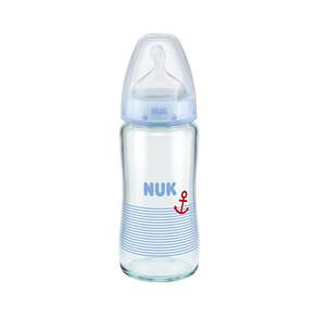 NUK 寬口徑彩色玻璃奶瓶 附中圓洞矽膠奶嘴 1號 0-6個月, 顏色隨機, 240ml, 1個