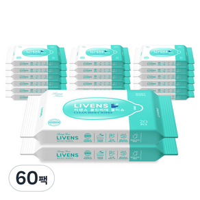 LIVENS 柔軟清潔廁所攜帶型濕紙巾補充包, 20入, 55g, 60包