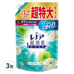 Lenor 蘭諾 1 WEEK 一週間衣物消臭柔軟精 清香綠補充包, 1280ml, 3包