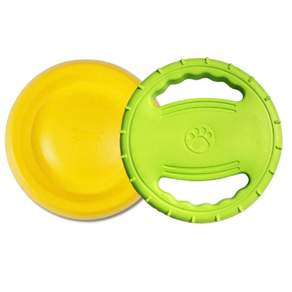 PuppyGuard 中型/大型犬玩具圓盤 2 套, 飛盤（黃色）、手柄飛盤（綠色）