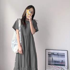 PANG PANG SHOP 短袖層疊連身裙, 深灰色, 1件