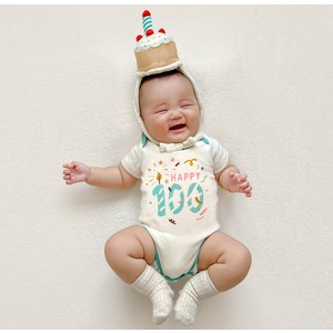 ikii 유아용 100일 기념 바디수트 반팔 + 케이크 모자 + 기프트 박스 + 쇼핑백