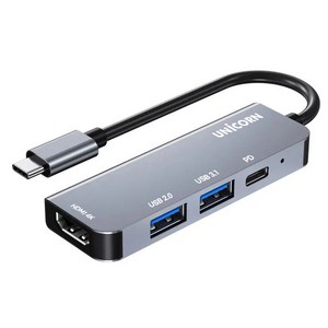 유니콘 4IN1 HDMI C타입 USB3.1 멀티허브 4K미러링 PD 충전 87W TCH-P10, 그레이, 1개