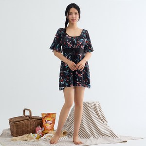 엘쏘 빅사이즈 통통 커버업 올인원 원피스 드로즈 수영복, 블랙