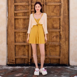 엘쏘 모노키니 체형커버 원피스 수영복 + 가디건 세트, 옐로우