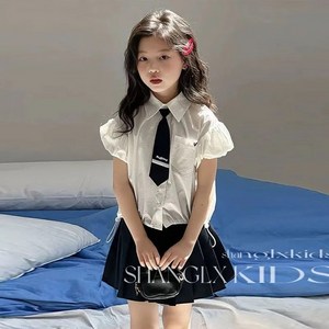 녕동 주니어 여아용 스쿨룩 반팔 셔츠 스커트 투피스 아동용 A라인 주름 스커트 블라우스