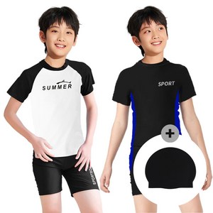 마리나 블랙 남아 초등학생 5부 래쉬가드 검정색 생존수영복