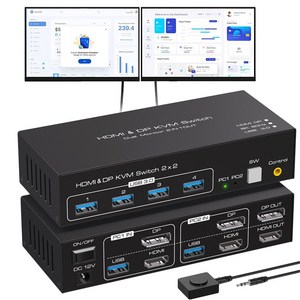 Navceker HDMI DP KVM 스위치 2x2 4K 120Hz 듀얼 모니터 확장 디스플레이 8K USB KVM 스위처 2 대 컴퓨터용 2 인 2 아웃, ZY-ASW222, 1개