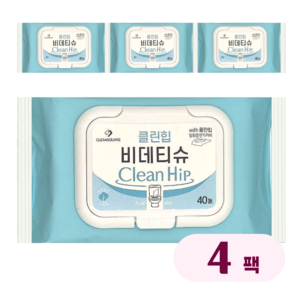 넓고 도톰한 클린힙 비데물티슈 화장실용 물티슈 휴대용 비치용 캡형, 4개, 40매, 60g