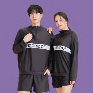 그리드오브 커플 레터링 긴팔 반집업 래쉬가드 세트 빅사이즈포함