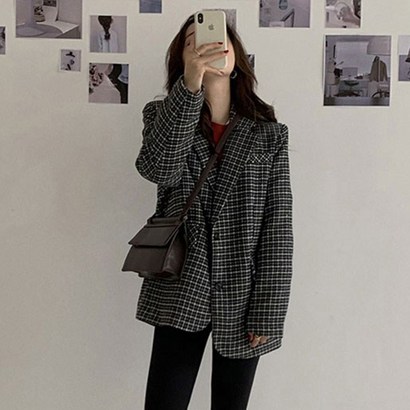 포플러앤씨 여성용 블렌 체크 모직 자켓