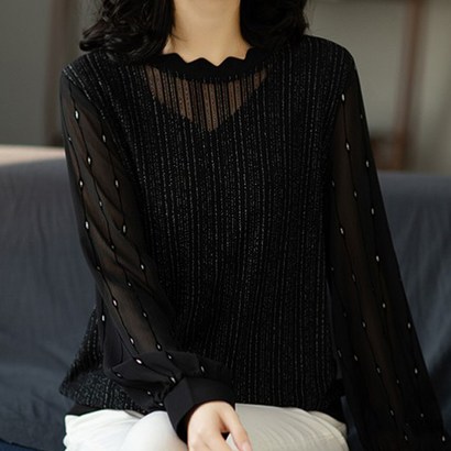 아뗄릭 포인트 넥 플리츠 소매 시스루 블라우스 00352