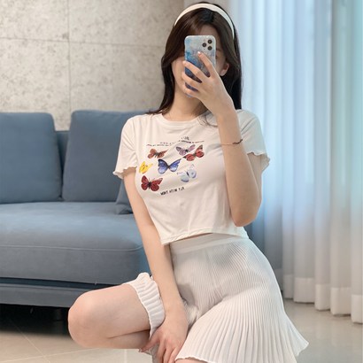 여성용 버터플라이 나비 반팔 크롭티 kf252