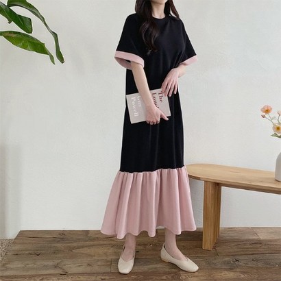 일상화보 티지 여성 배색 프릴 반팔 원피스 데일리룩 원마일룩 홈웨어 산책룩 리뷰후기