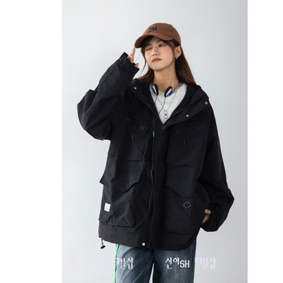 신이SH 더블샵 AZAN 박시하고 레트로스타일 빈티지 바람막이 후드사파리 후드하프점퍼