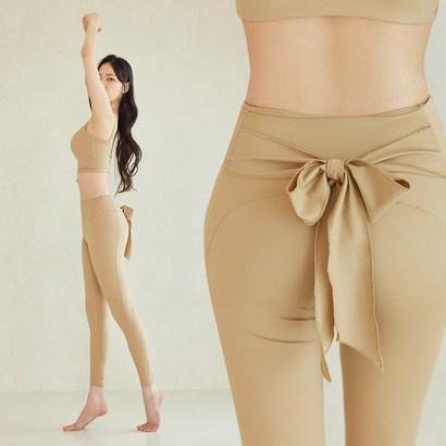 뮤즈마인 - 프리 타이 레깅스 베이지 요가복 필라테스 바지 헬스 몸매 보정 등산복 리본