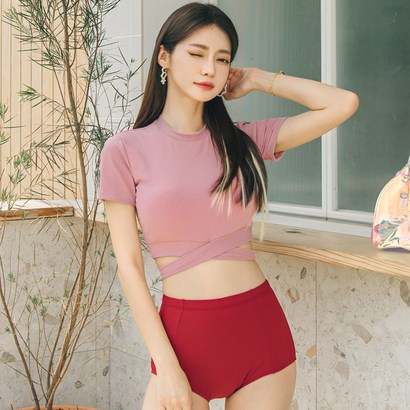헤링본 래쉬가드 비키니 반팔 수영복 모노키니 하이웨스트 핑크 휴양지 워터파크 비치웨어 CE002 리뷰 후기