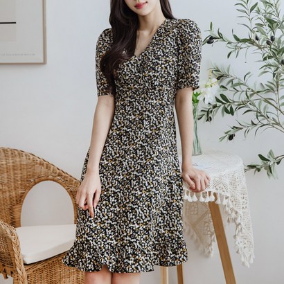 여성 여름 플라워 미니원피스 브이넥 반팔 퍼프 플레어 A라인 데일리 비치원피스 HE070