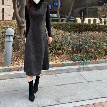 잇츠스타일 브이넥 모직 롱원피스