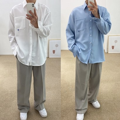 남자 오버핏 셔츠 레이어드 구김없는 커플 와이셔츠 롱 남방 파란색 하늘색