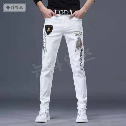 남성 청바지 패션 핫픽스 자수 슬림 팬츠 뉴타임즈 108U519