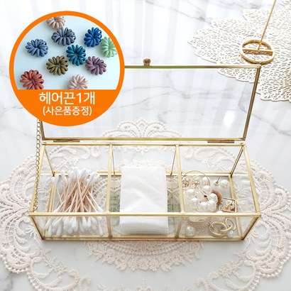 투명 정리함 엔틱 골드 3칸 화장솜 면봉 보관함 유리 케이스 E-1037
