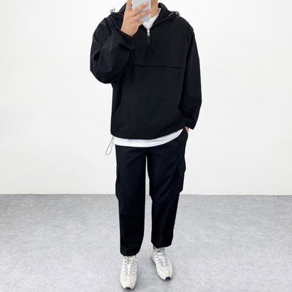 엠클로 남자 오버핏 구김방지 링클프리 바람막이 반집업 아노락 후드티셔츠 밴딩 카고 조거팬츠 4종세트 리뷰후기