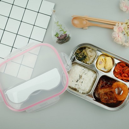 베이직 리빙 스텐 수저통일체형 식판도시락 핑크패킹