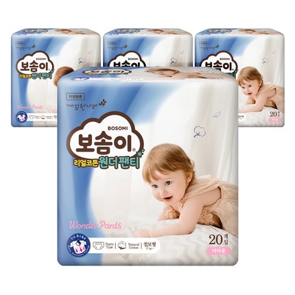 보솜이 리얼코튼 원더 팬티형 기저귀 여아용 점보형(17kg~), 80매