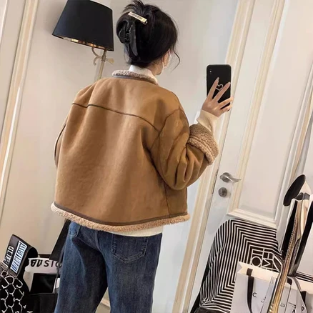 Modern Fashion 여성 털 숏 자켓 스웨이드 라운드넥 양털 무스탕