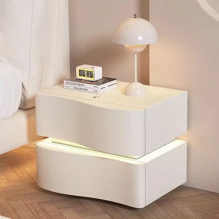 리벤 LED 색상조절 침대협탁 비정형 스마트 원목 수납장 2단 서랍 가죽 미니 침대옆 틈새, 1개, 400mm 아이보리