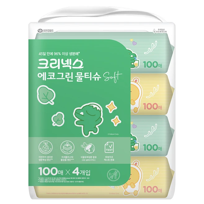 크리넥스 에코그린 소프트 물티슈 캡형, 45g, 100매, 4개