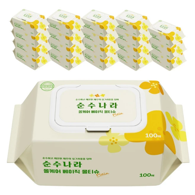 순수나라 올케어 베이직 물티슈 캡형, 40g, 100매, 20개